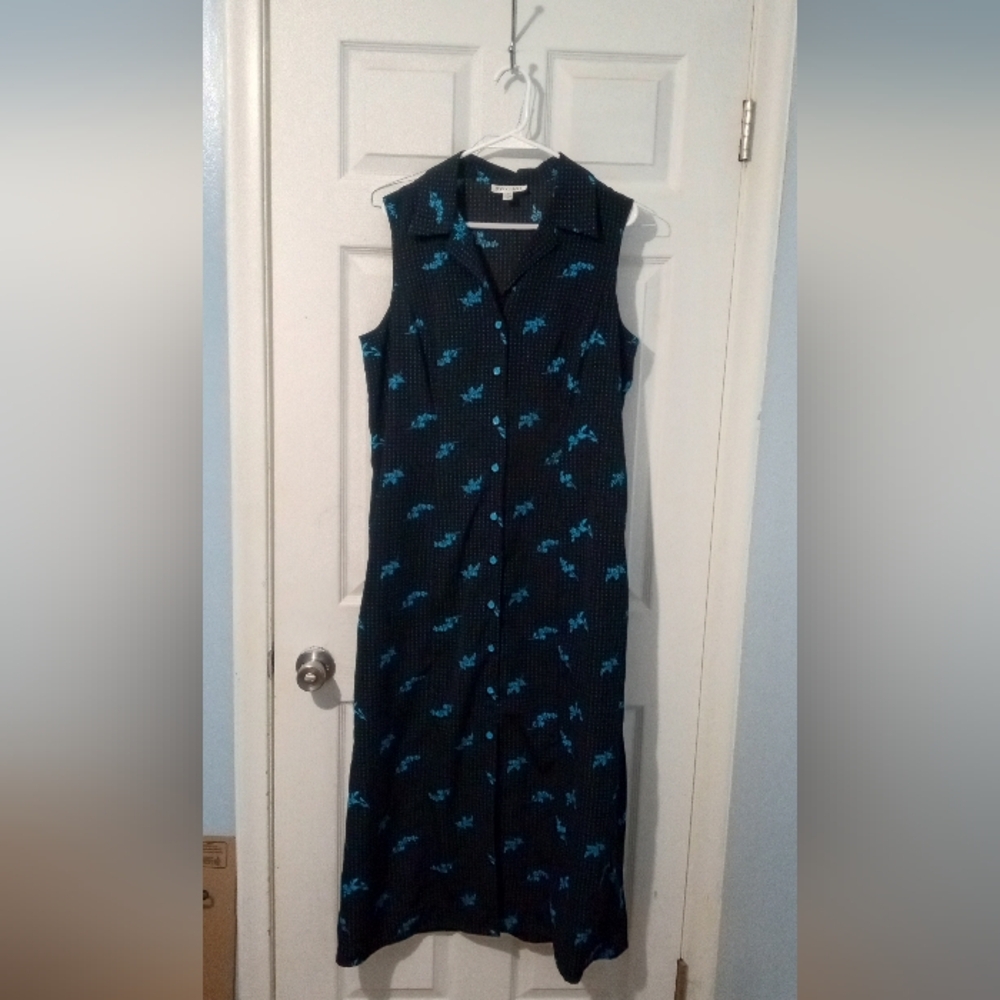 Studio I Sleeveless Black and Blue Patterned Midi Dress